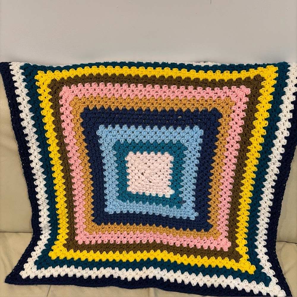 Vintage Handmade Crochet Granny Square Afghan Blanket Rainbow Boho cottage